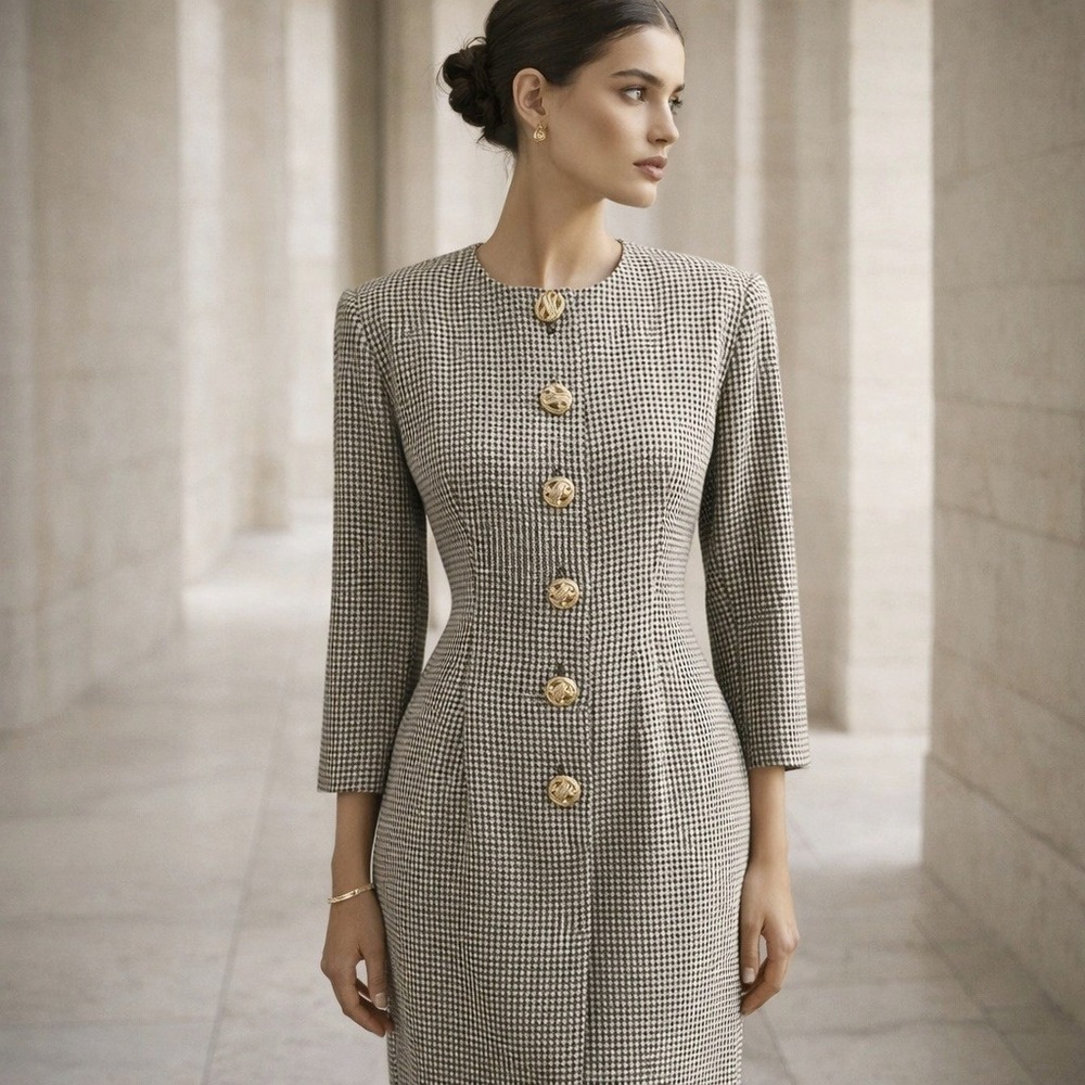 Vtg 90s SANTA FE Houndstooth Coat Dress 2 Midi Longline Blazer Gold Crest Button